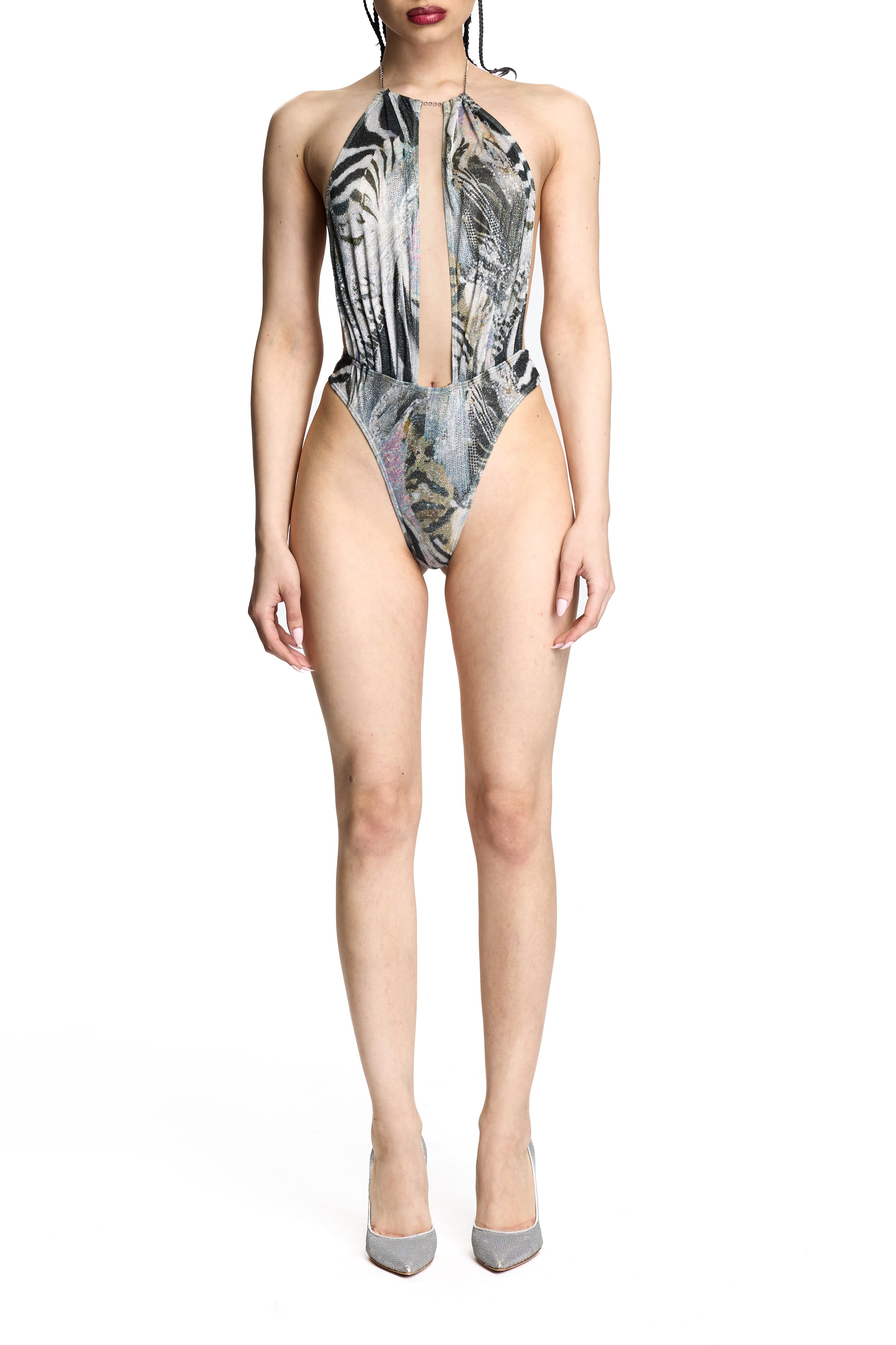 KOKO BODYSUIT SILVER & BLACK ANIMAL PRINT